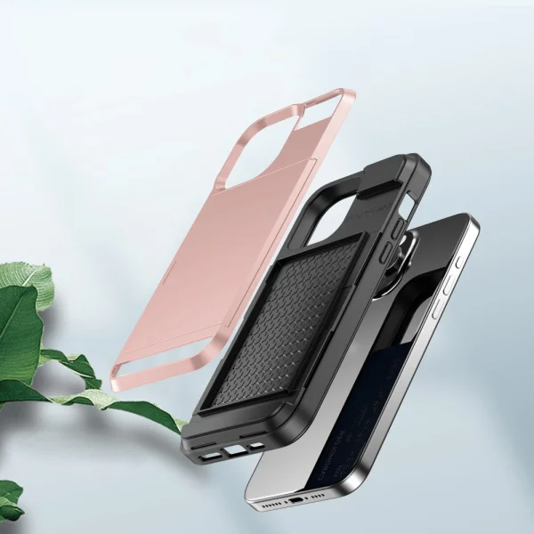 Shockproof Sliding Card Case for iPhone 15 Pro Max, Rose Gold 2