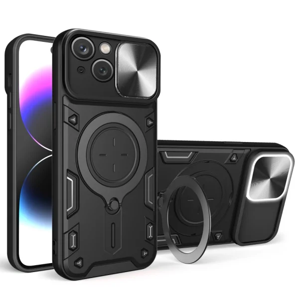 Shockproof Case Rotating Kickstand for iPhone 15, Black 1