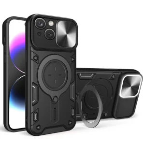 Удароустойчив калъф Rotating Kickstand за iPhone 15, Черен