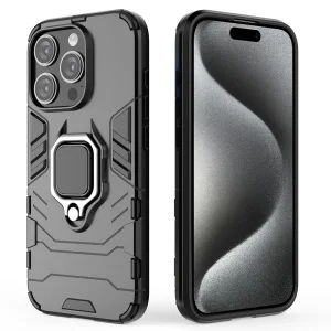 Удароустойчив Калъф с Поставка за iPhone 15 Pro, Черен