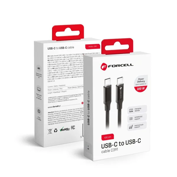 Cable FORCELL C391, Type C - Type C, 1m, QC4.0, 5A/20V, PD100W, E-mark, 4K, Thunderbolt, 20Gbit/s, Black 5