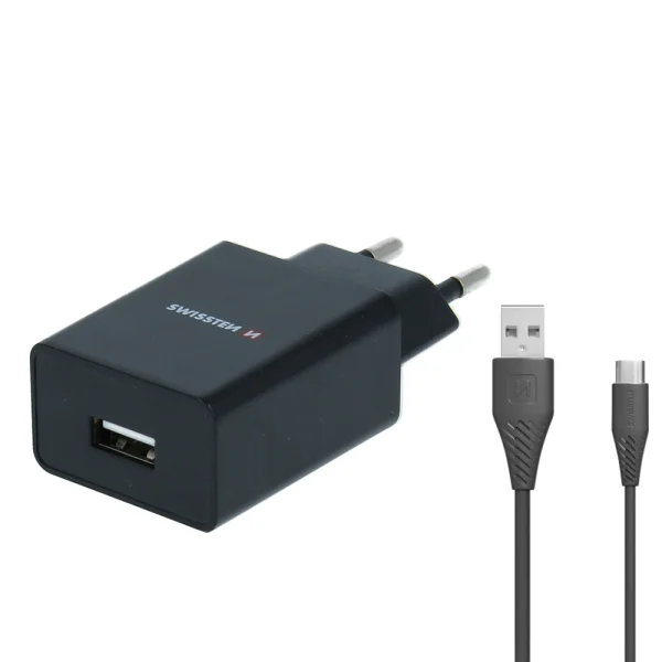 Swissten Charger, SMART IC, 1x USB, 1A, with USB to TYPE C cable, 1.2 M, Black 1