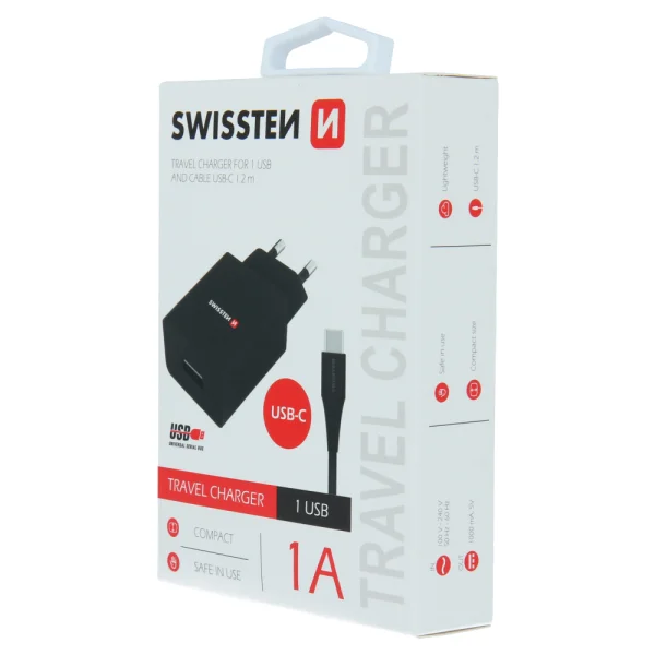 Swissten Charger, SMART IC, 1x USB, 1A, with USB to TYPE C cable, 1.2 M, Black 3
