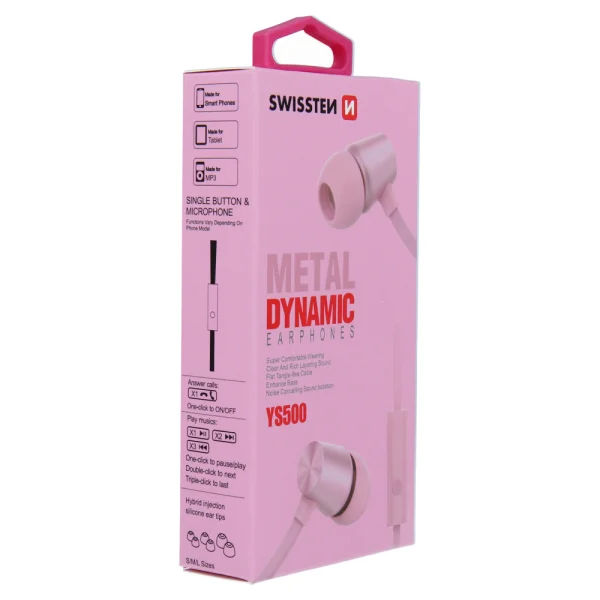 Слушалки с микрофон SWISSTEN Dynamic YS500, Jack 3.5mm, Розов 4
