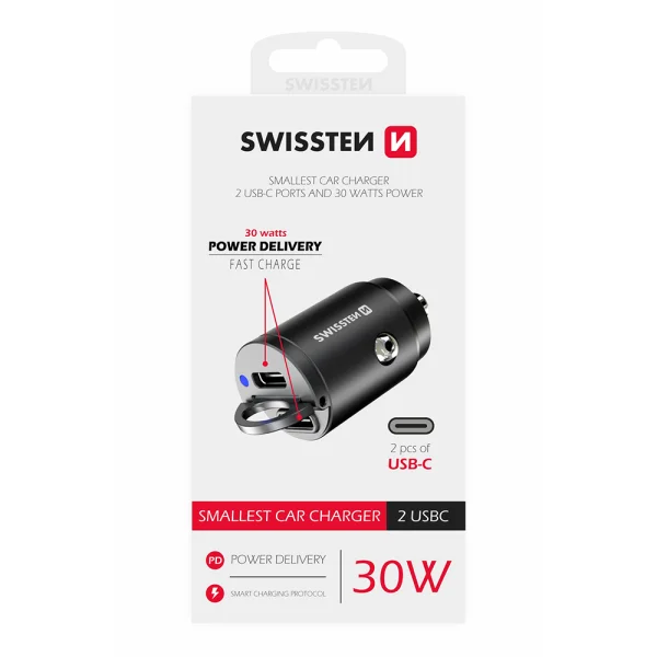 Car charger 12V-24V SWISSTEN, PD, 30W, 2xUSB-C, Nano, Black 3