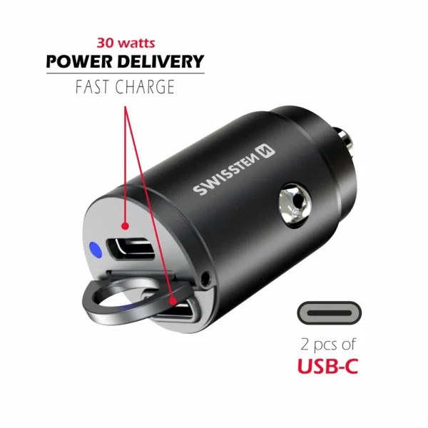 Car charger 12V-24V SWISSTEN, PD, 30W, 2xUSB-C, Nano, Black 2