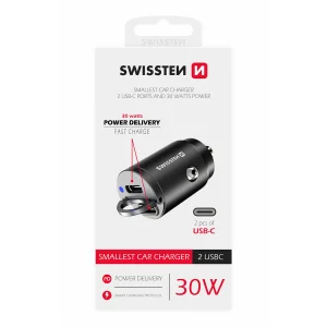 Car charger 12V-24V SWISSTEN, PD, 30W, 2xUSB-C, Nano, Black 3
