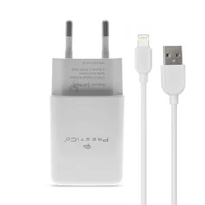 Зарядно 220V Prestico F7S, 1xUSB, с кабел Lightning, 2.4A, Бял