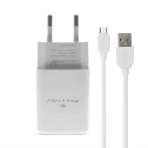 Зарядно 220V Prestico F7S 1xUSB, кабел USB към Micro USB, 2.4A, Бял