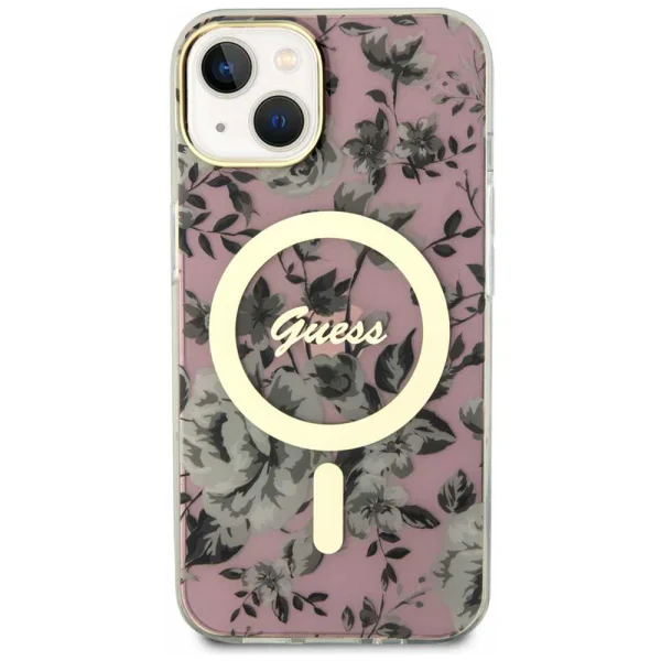 Калъф GUESS, Flowers IML MagSafe Compatible за iPhone 14, GUHMP14SHCFWSP, Розов цвят 1