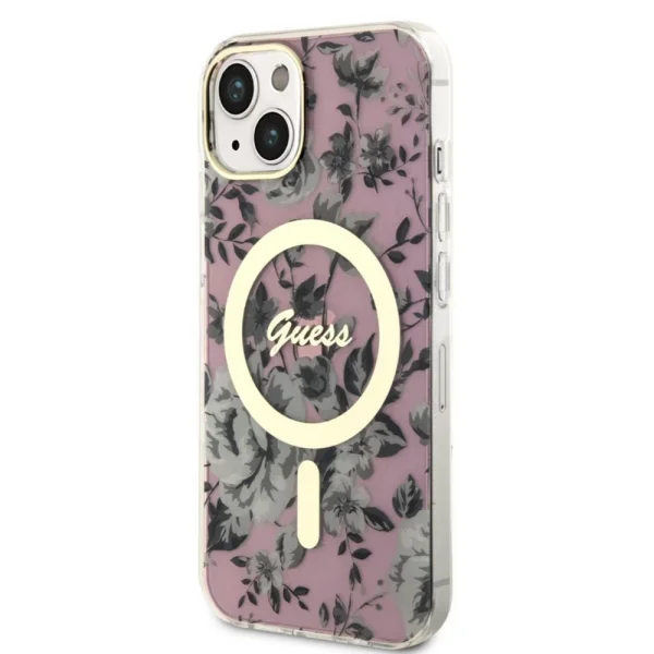 Калъф GUESS, Flowers IML MagSafe Compatible за iPhone 14, GUHMP14SHCFWSP, Розов цвят 2
