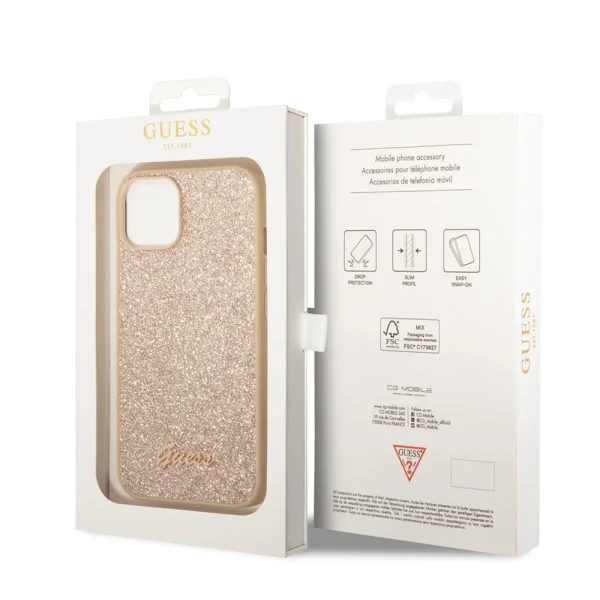 Калъф GUESS, Glitter Flakes Metal Logo за iPhone 14 Plus, GUHCP14MHGGSHD, Златист 6