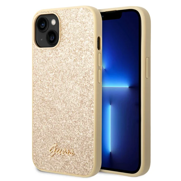 Калъф GUESS, Glitter Flakes Metal Logo за iPhone 14 Plus, GUHCP14MHGGSHD, Златист 1