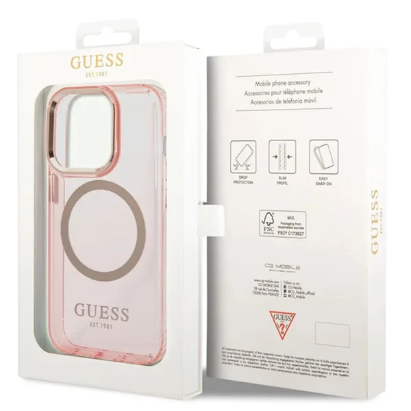 GUESS Case, Translucent MagSafe Compatible for iPhone 14 Pro Max, GUHMP14XHTCMP, Pink 4