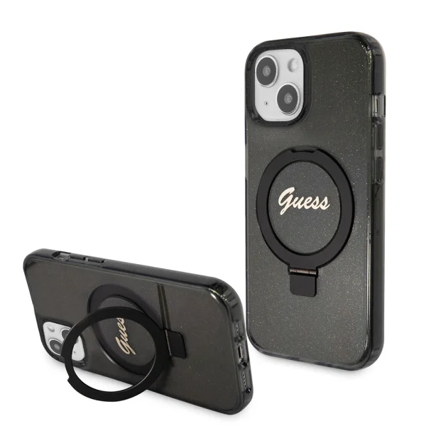 GUESS Case, IML Ring Stand Glitter MagSafe for iPhone 15, GUHMP15SHRSGSK, Black 1