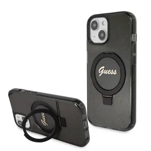 Калъф GUESS, IML Ring Stand Glitter MagSafe за iPhone 15, GUHMP15SHRSGSK, Черен