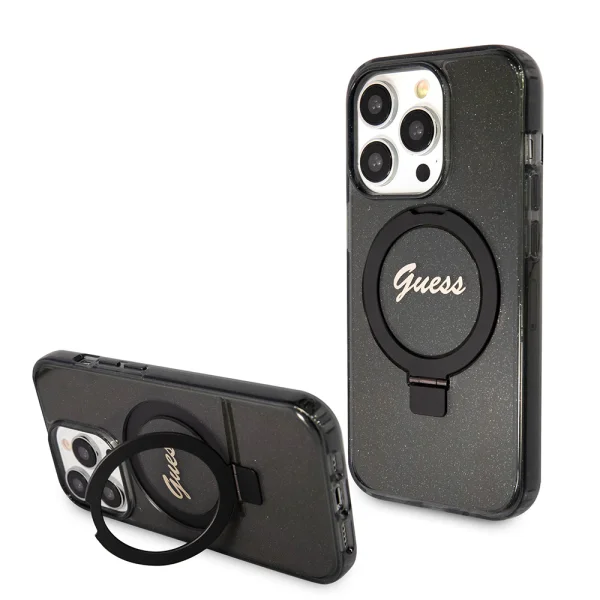 Калъф GUESS, IML Ring Stand Glitter MagSafe за iPhone 15 Pro Max, GUHMP15XHRSGSK, Черен 4