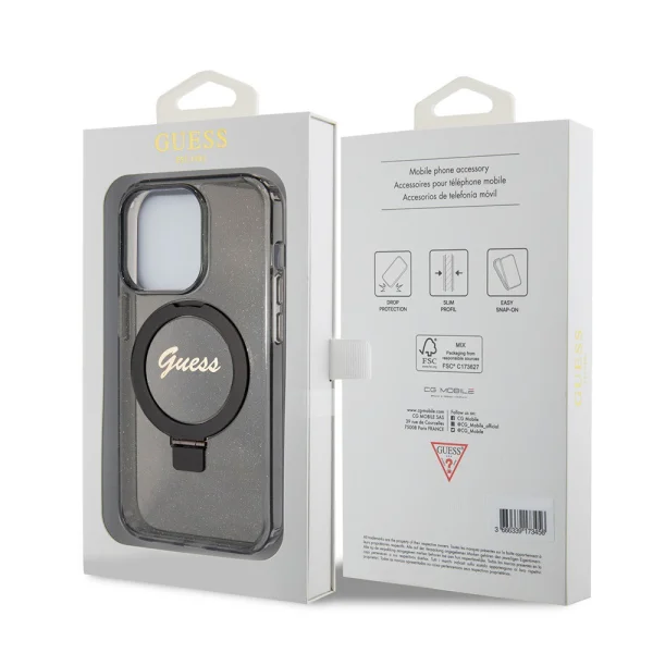 Калъф GUESS, IML Ring Stand Glitter MagSafe за iPhone 15 Pro Max, GUHMP15XHRSGSK, Черен 5