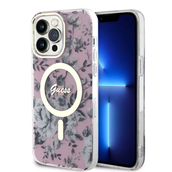 Калъф GUESS, Flowers IML MagSafe Compatible за iPhone 13 Pro, GUHMP13LHCFWSP, Розов цвят 1