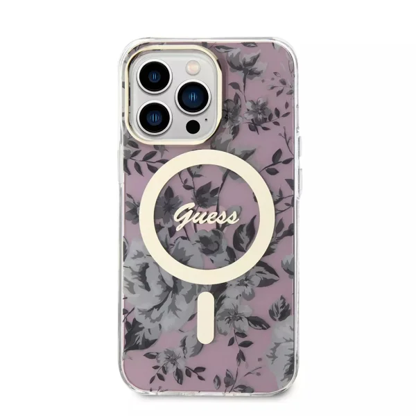 Калъф GUESS, Flowers IML MagSafe Compatible за iPhone 13 Pro, GUHMP13LHCFWSP, Розов цвят 2