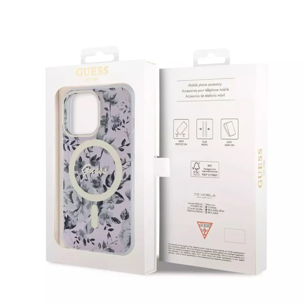 Калъф GUESS, Flowers IML MagSafe Compatible за iPhone 13 Pro, GUHMP13LHCFWSP, Розов цвят 4