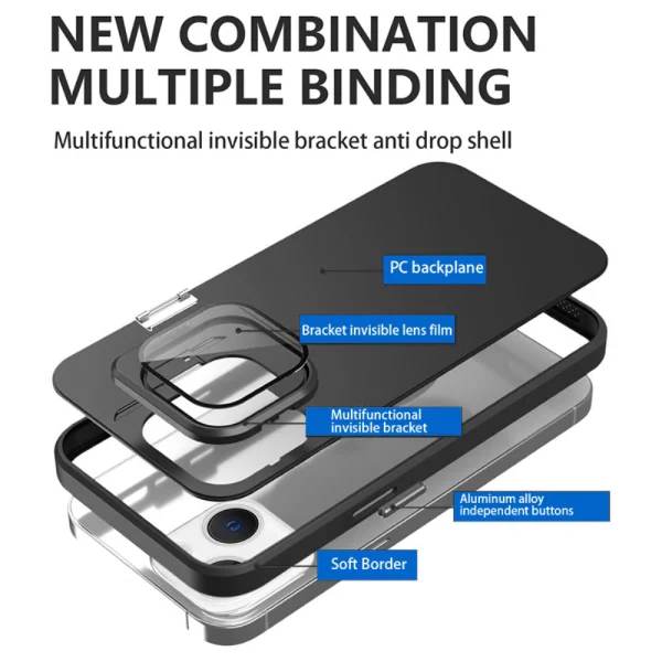Shockproof Kickstand case for iPhone 15, Lens Frame, Black 2