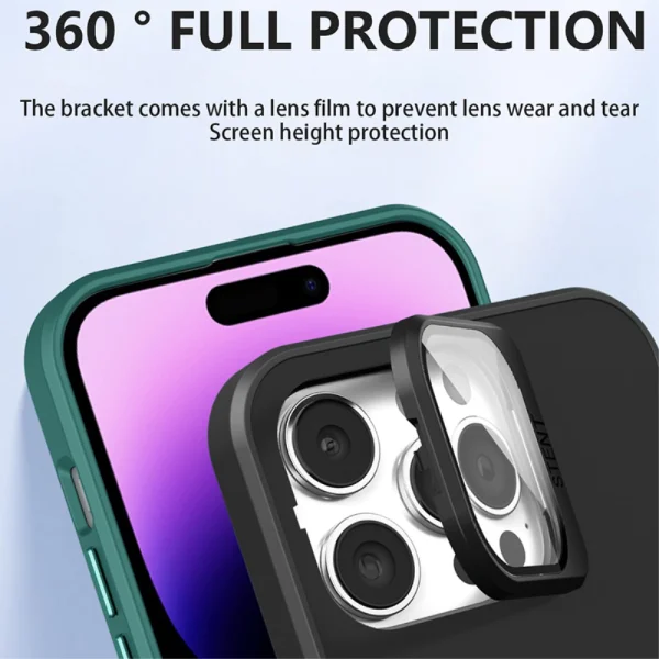 Shockproof Kickstand Case for iPhone 15 Pro, Lens Frame, Black 4