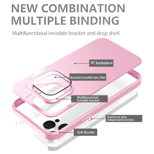 Удароустойчив калъф Kickstand за iPhone 15 Pro, Lens Frame, Розов 2