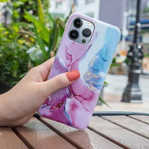 Silicone Case Marble Pattern IMD for iPhone 15 Pro, Pink-Blue 4