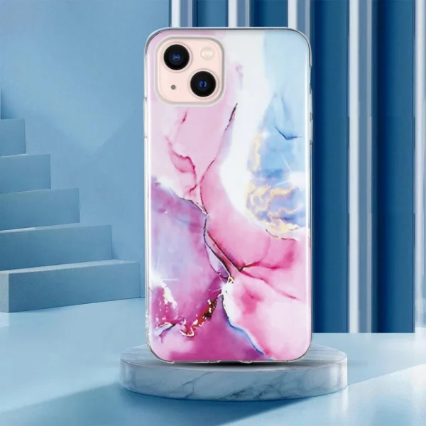 Silicone Case Marble Pattern IMD for iPhone 15, Pink-Blue 6