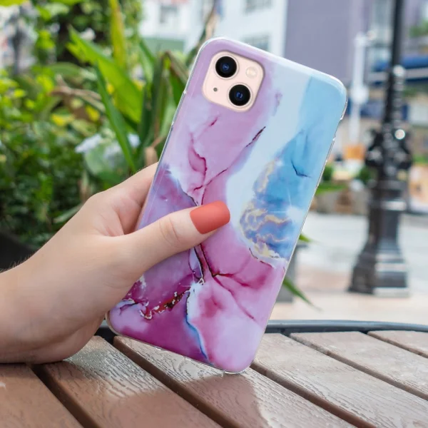 Silicone Case Marble Pattern IMD for iPhone 15, Pink-Blue 5