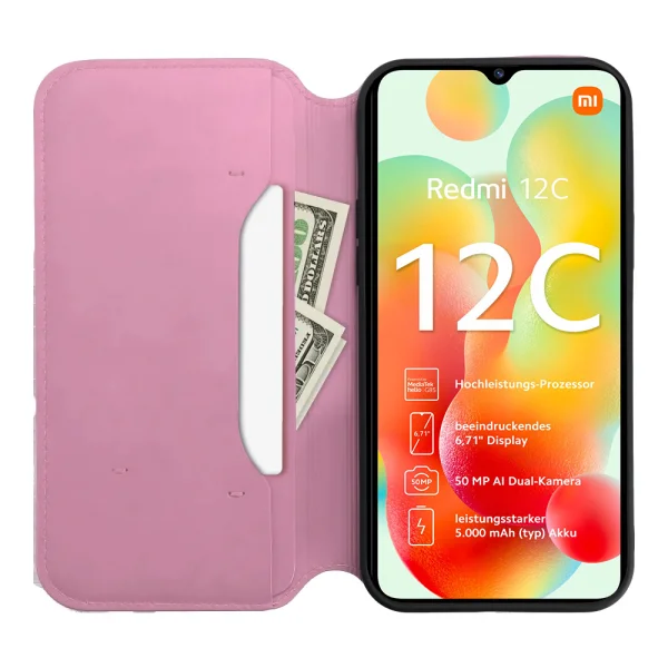 Калъф тефтер Dual Pocket за Xiaomi Redmi 12c, Светло розов 2