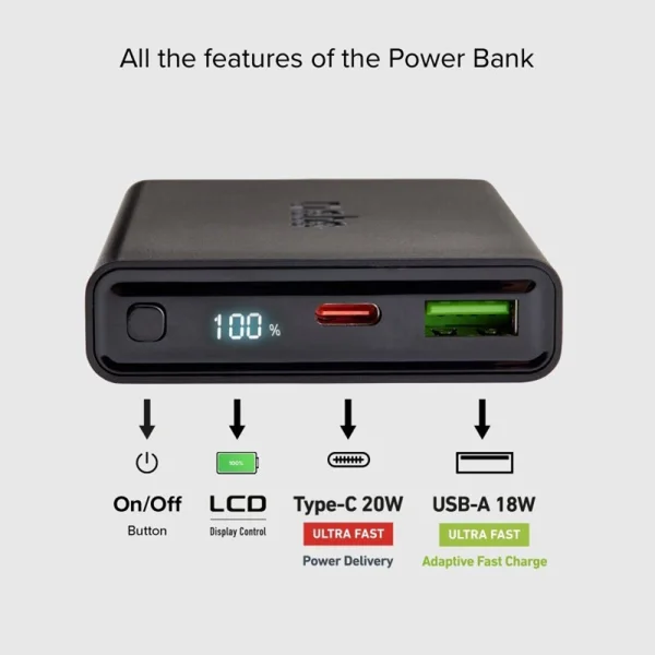 Универсална външна батерия SBS POWER BANK 10 000mAh,1x USB-C ,1xUSB-A, PD 20W, LCD, Черен 4