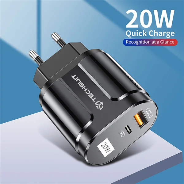 Зарядно 220V Techsuit CHPD038, 20W, QC 3.0, USB-A, USB-C, Черен 3