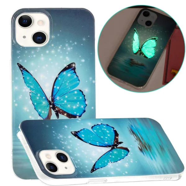 Noctilucent silicone case for iPhone 15 Plus, Glowing Blue Butterfly 2