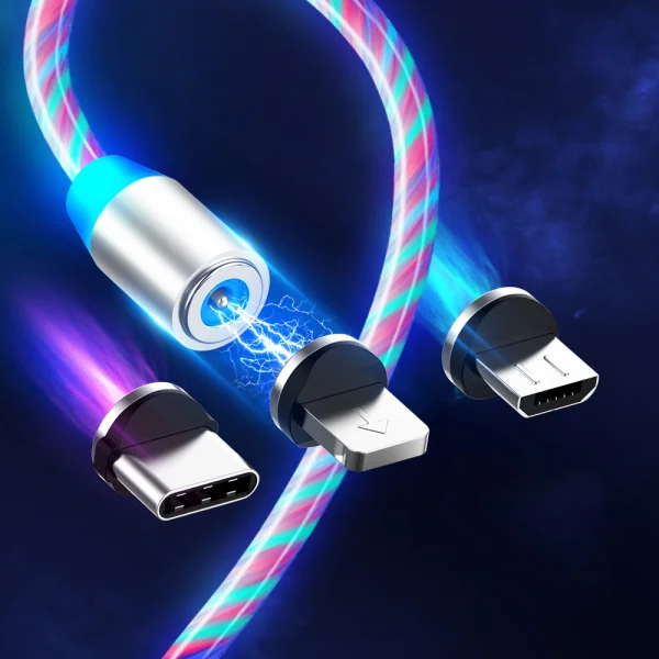 Кабел за зареждане Techsuit 3in1, LED Flowing Magnetic, USB към Type-C, Lightning, Micro USB, 1m, Бял 2