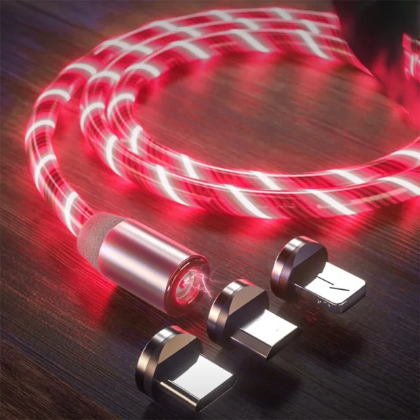 Techsuit 3in1 Charging Cable, LED Flowing Magnetic, USB to Type-C, Lightning, Micro USB, 1m, Red 2