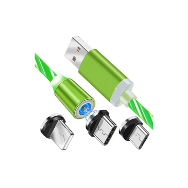 Кабел за зареждане Techsuit 3in1, LED Flowing Magnetic, USB към Type-C, Lightning, Micro USB, 1m, Зелен 3