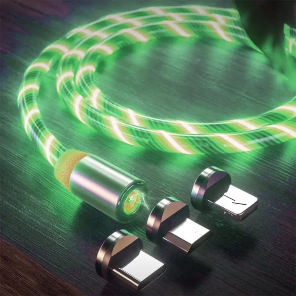 Кабел за зареждане Techsuit 3in1, LED Flowing Magnetic, USB към Type-C, Lightning, Micro USB, 1m, Зелен 2