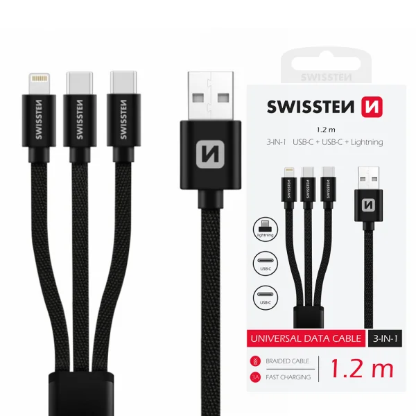 Кабел SWISSTEN TEXTILE 3 в 1, Lightning, 2x USB-C, 1,2M, Черен 1