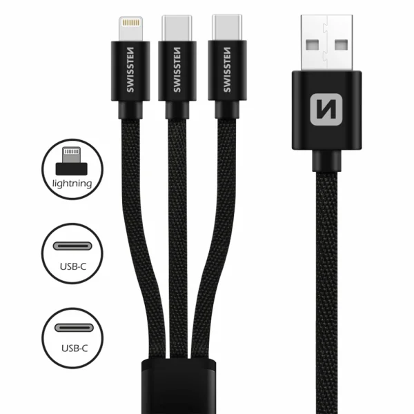 Кабел SWISSTEN TEXTILE 3 в 1, Lightning, 2x USB-C, 1,2M, Черен 2