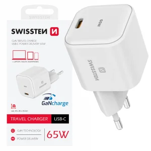 Зарядно Swissten SMARTGaN, 1xUSB-C, 65W, Бял