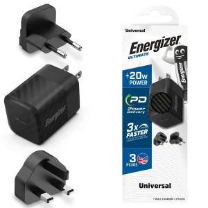 Зарядно устройство Energizer A20MU, USB-C, EU, UK, US, 20W, Черен