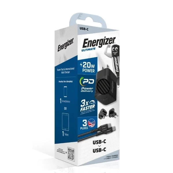 Charger Energizer A20MU, USB-C, EU, UK, US, 20W, Type C to Type C cable, Black 4
