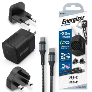 Зарядно устройство Energizer A20MU, USB-C, EU, UK, US, 20W, кабел Type C към Type C, Черен