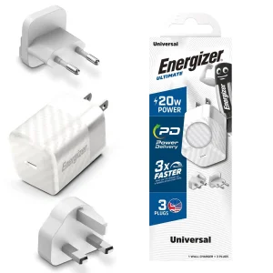 Зарядно устройство Energizer A20MU, USB-C, EU, UK, US, 20W, Бял