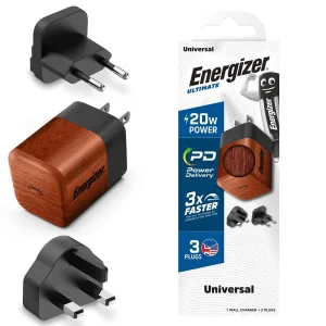 Зарядно устройство Energizer A20MU, USB-C, EU, UK, US, 20W, Дърво