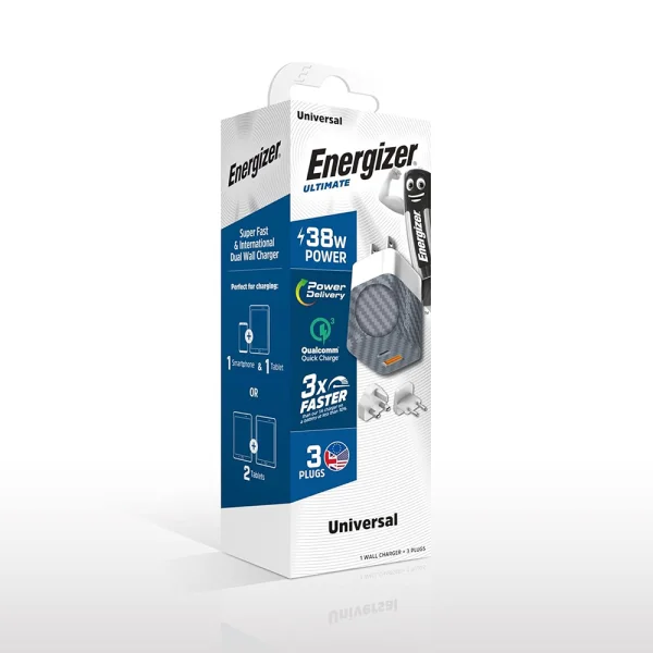 Energizer A38QMU Charger, USB-C, USB, EU, UK, US, QC3.0, 38W, Silver 4