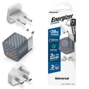 Зарядно устройство Energizer A38QMU, USB-C, USB, EU, UK, US, QC3.0, 38W, Сребрист