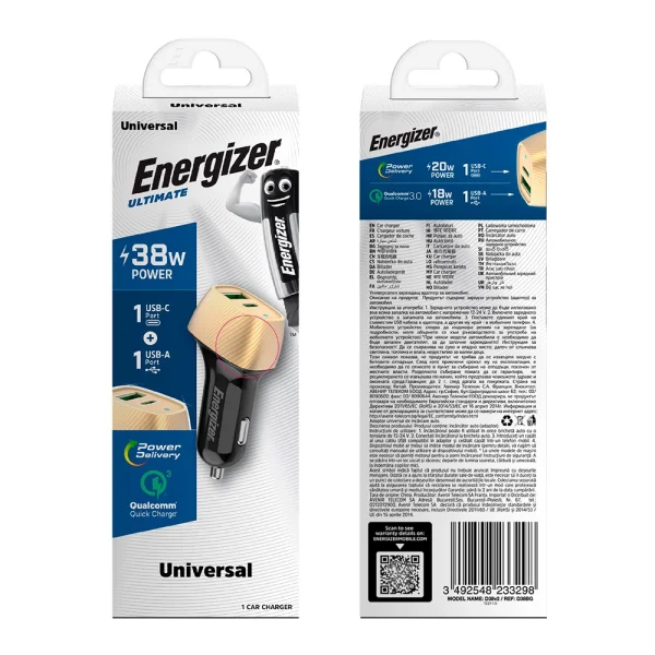 Зарядно за кола Energizer D38BG, USB, USB-C, 38W, QC3.0, Черен-златист 3
